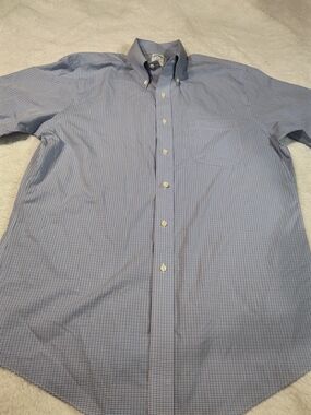 Brooks Brothers Regent Non-Iron Shirt 16.5 Short Sleeve Blue Gingham Plaid